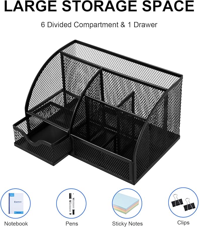 Comix Mesh Pen Pencil Holder Desk Organizer, 7 Compartment Wire Desktop Pen Pencil Cup Caddy Office Supplies for Home Office School, Black