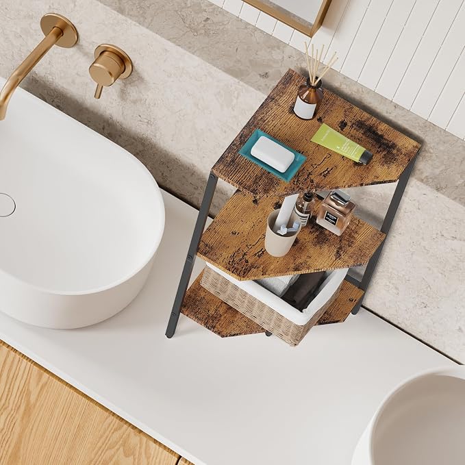 CADUKE Pedestal Sink Storage, 2 Pack Under Sink Organizer Shelf Bathroom Under Vanity Storage Shelf for Small Space, Bathroom Organizers Rack Stand 3 Tier Wooden Corner Shelves, Rustic Brown