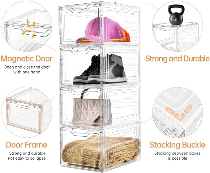 Freebat 6 Pack Closet Organizers and Storage,Clear Stackable Plastic Storage Bins with Lids Magnetic Doors,Clothes Organizers and Storage,Plastic Craft Containers for Wardrobe Kitchen Bathroom Office