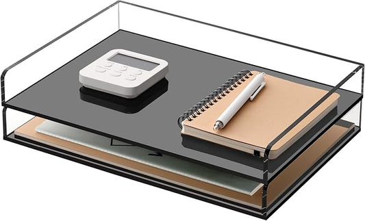 2 Pack Black Stackable Paper Letter Tray, A4 File Tray Desk Organizer, Acrylic Desk Organizers and Accessories Sorter, Clear Workspace Office Supplies Organizers, 12.4inx8.86inx3.46in
