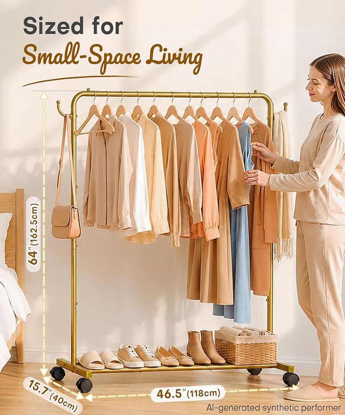 Homde Portable Clothes Rack for Bedroom: 4 Lockable Wheel Move Room-to-Room | Laundry to Closet in 1 Smooth Roll - No Heavy Lifting for Renters & Movers - 88 lbs Hanging Rod for Garment Coat to T-Shirt