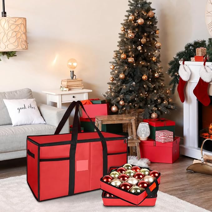 Christmas Ornament Storage Box with Dividers, Holds 128 Balls, Red | 600D Oxford Fabric, Adjustable Dividers, Removable Trays, Dual Zippers, Reinforced Handles