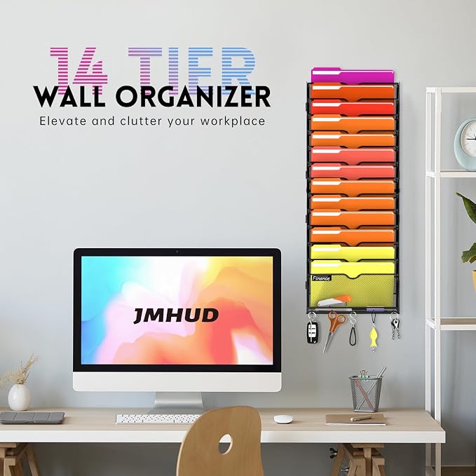 14-Tier Wall File Organizer with Base and Hooks, Hanging Organizer, Black | Wall Organizer and Wall File Holder with 14 Vertical Pockets and Bottom Tray for Files, Mail, Folders, Magazines and Paper