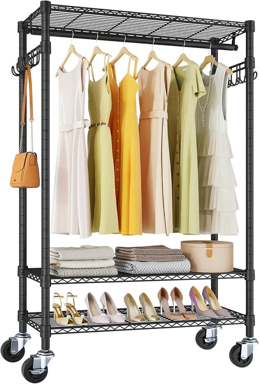 VIPEK R3 Rolling Clothes Rack Heavy Duty Portable Closet for Hanging Cloth | Lockable Silent Wheels, Adjustable Wire Shelving, Metal Side Hooks, Load 374lbs, Space-Saving Storage for laundry, Black