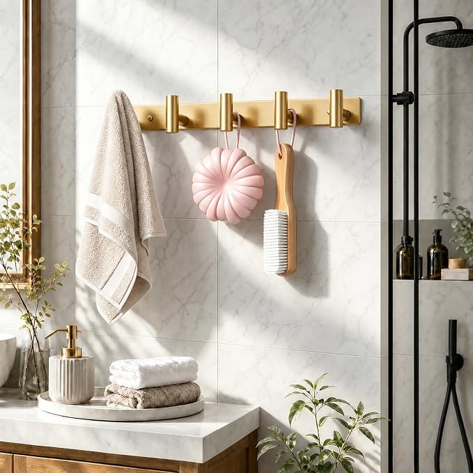 Wall Mounted Coat Rack-5 Hooks, Heavy Duty Stainless Steel Wall Hooks for Towel Coat Bag, Hat Rack Coat Hanger Coat Hooks Towel Racks for Bathroom Entryway Kitchen Hotel Office (Gold, 1 Pack)