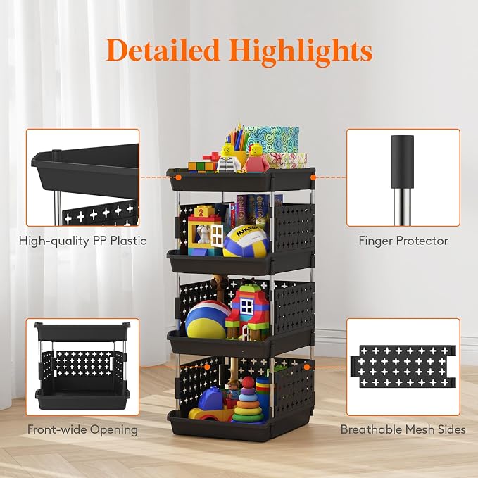 Lifewit 4 Tier Plastic Stackable Storage Baskets for Clothes 1 Pack, Black | Stacking Bins for Food, Multifunctional Organizer for RV, Kitchen, Playroom, Pantry and Bathroom