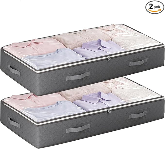 Budding Joy 90L Under Bed Storage Containers, 2 Pack Storage Bins, Grey | Foldable underbed storage bins for linen sheets, blanket, clothing, comforter, sweaters, pillows, wrapping paper