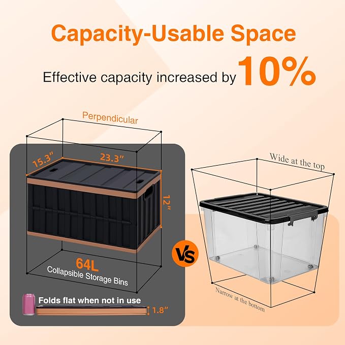 Citylife 64L Collapsible Storage Bins with Lids Plastic Storage Containers for Organizing Stackable Storage Box Large Heavy Duty Utility Crates, 2 Packs