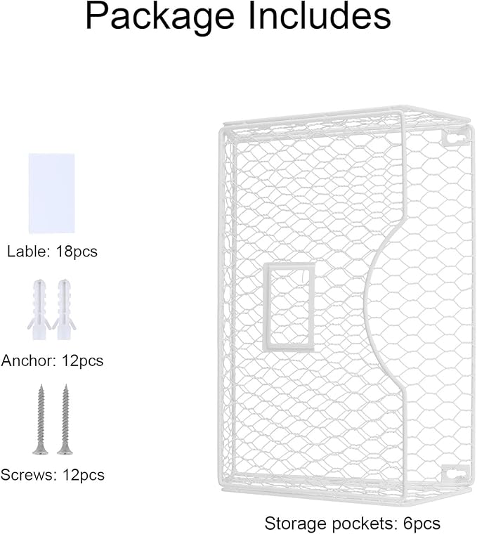 6 Pockets Hanging File Holder Wall Mount Mail Organizer Metal Chicken Wire Magazine Rack with Tag Slot, White