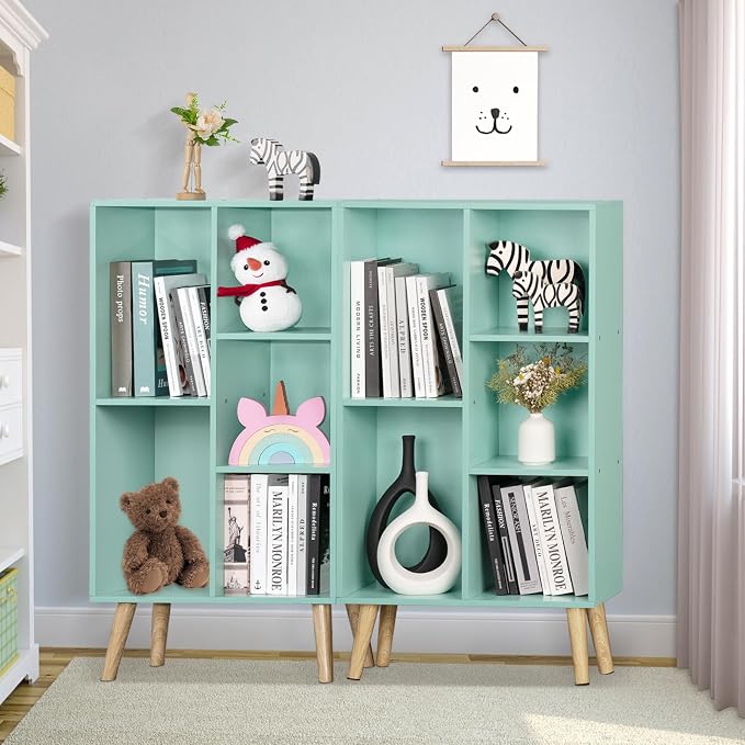 LEYAOYAO 5 Cube Bookshelf, Mid-Century Modern Book Shelf with Legs, Green | 3 Tier Bookcase, Rustic Wood Bookshelves Freestanding Small Storage Organizer, Open Shelves for Bedroom, Living Room, Office