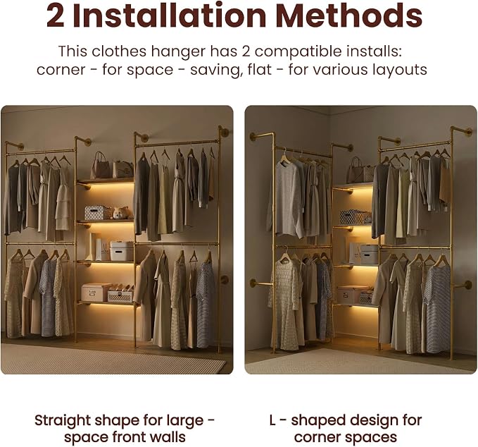 Industrial Pipe Clothing Rack with LED Lights& Shelves,Gold | Heavy Duty Adjustable Garment Hanger with Shelves, 2 Installation Methods Closet Storage System for Wardrobe Organization