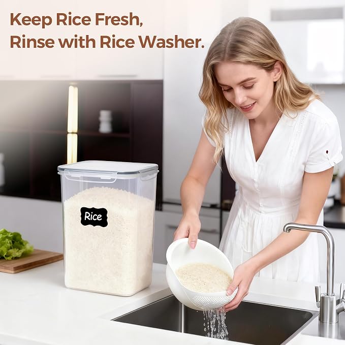 ComSaf Airtight Rice Storage Container with Lid 10Qt 2Pack, Large Capacity | 9.5L Plastic Food Canister, Rice Sugar Flour Cereal Oats Pasta, Pantry Kitchen Cabinet, Label, Scoop, Rice Washer, BPA-free