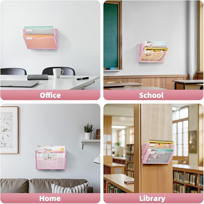 Marbrasse Wall File Holder 2-Tier Hanging Wall File Organizer, Mesh Mail Holder for Papers, Wall Mount File Clipboard & Magazine Organizer Great for Office Home - 2P(Pink)