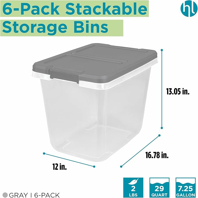 Home Logic 29 Qt Latched Storage Bin with Lid, Stackable Plastic Storage Container, Organizer for Home, Office & Classroom, 6 Pack, Gray