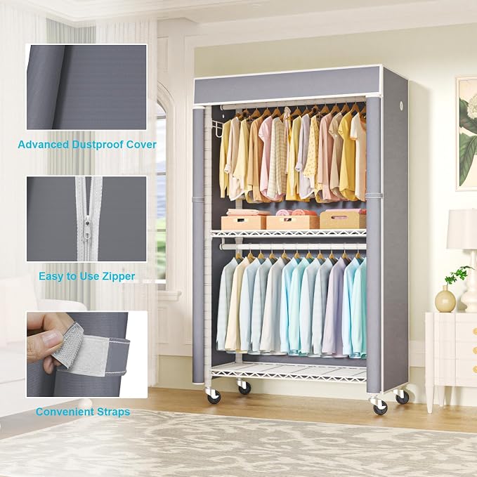 White Clothing Rack with Grey Cover, P1C Rolling Closet Rack with Wheels, Metal Garment Rack for Hanging Clothes, Clothing Storage Wardrobe, 36.2" W x 16.5" D x 80.5" H, Load 450 Pounds