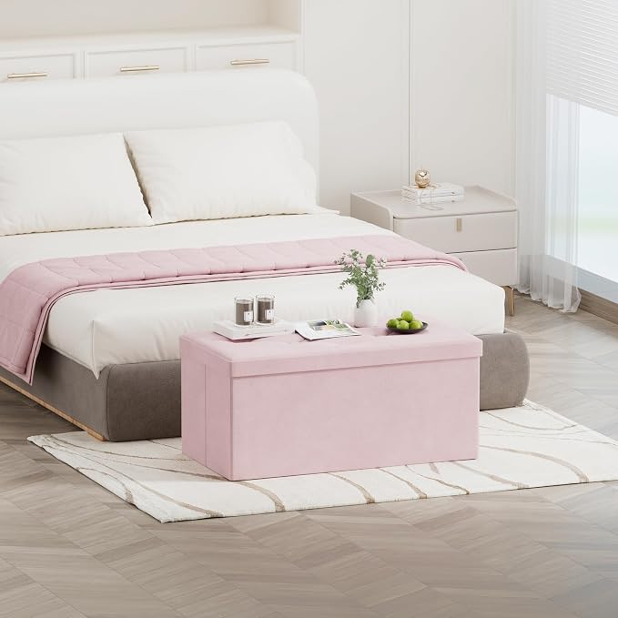BRIAN & DANY Folding Storage Ottoman Bench, Ottoman with Storage, Foot Rest, Benches Seat for Bedroom, Living Room, Entryway, Long Shoes Bench, 15.7" x 31.5" x 15.7" Pink