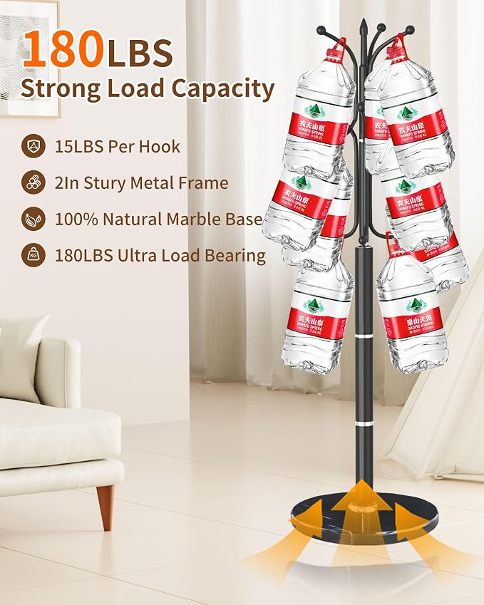 Modern Coat Rack Stand, Metal Freestanding Coat Rack with Natural Marble Base, Heavy-Duty Coat Racks with 12 Hooks,Black Coat Hanger Tree Stand for Office, Entryway, Hallway
