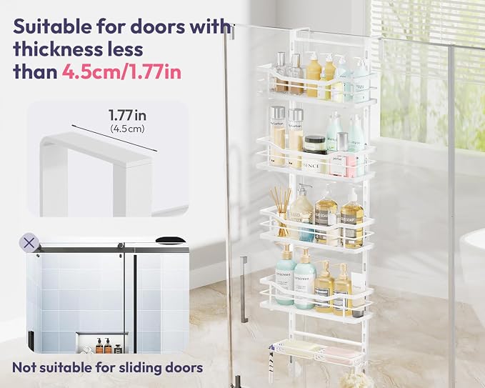 SWTYMIKI Over the Door Shower Caddy - 5 Tier Adjustable Shower Organizer Hanging with Soap Holder, No Drilling Stainless Steel Bathroom Rack Hanging for Body Wash, Shampoo, Soap, Razor, White