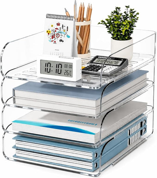 HIYOHIYO Clear Office Desk Organizer for A4 Letter Paper, 4-Tier Vertical | Stackable | Large Capacity | Sturdy Office DeskTtop Organizer for File Folder, Stable Home Desk Paper Holder and Storage