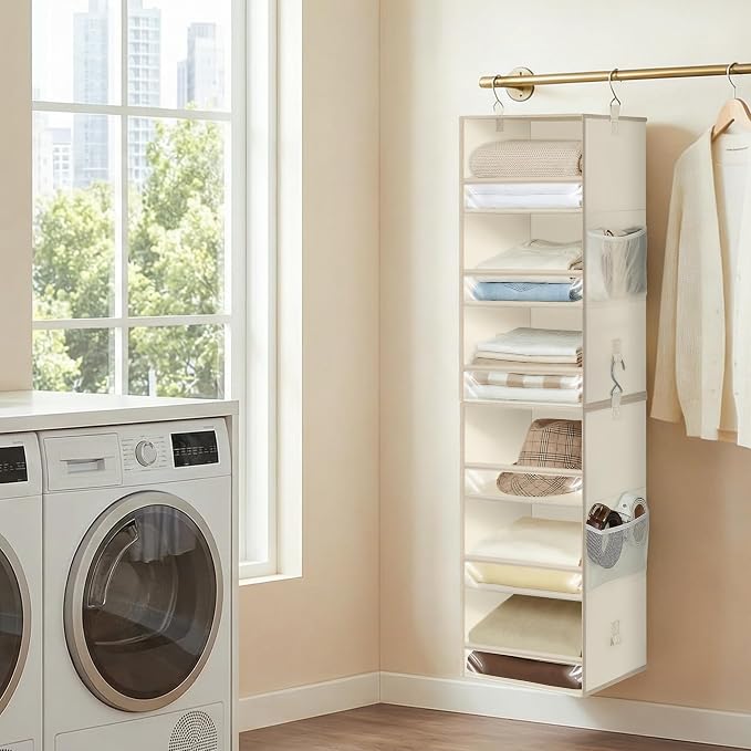 STORAGE MANIAC 6-Shelf Hanging Closet Organizer and Storage, 2 Separable 3-Shelf Haning Organizers for Closet, Collapsible Hanging Shelves Wardrobe Organization, College Dorm Room, Nursery, Beige