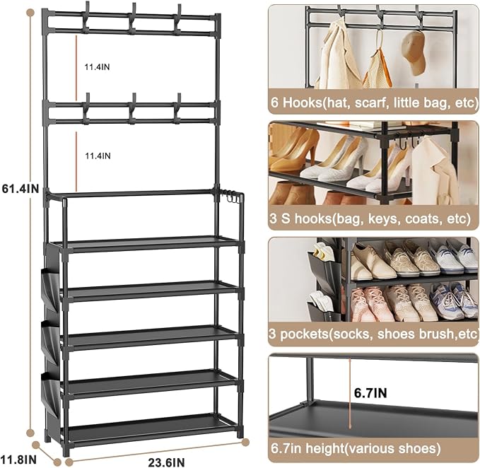 Shoe Rack 5 Tier Shoe Organizer Storage 15-20 Pairs for Closet Entrance | Stackable & Detachable Shelf with Hooks and Side Pocket Entryway Shoe Holder Space Saving Closet Organizers and Storage