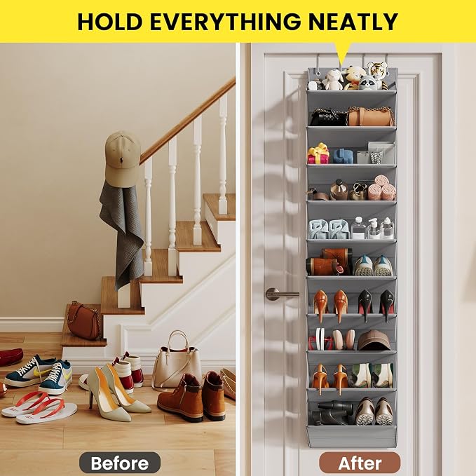 Mefirt 20-25 Pairs Over the Door Shoe Organizer, Clear Pockets Shoe Rack for Closet Door, 10-Tier Hanging Shoe Rack for Boots, Behind the Door Shoe Holder Fit All the Family's Sneakers, Heels, Grey