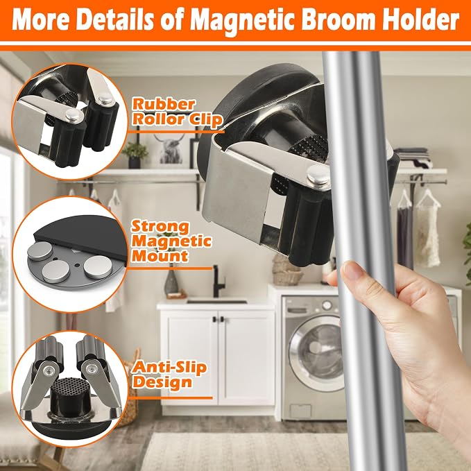 4 Pack Magnetic Mop Broom Holder, Heavy Duty Magnetic Mop Hanger for Refrigerators, Magnetic Mount Mop Broom Holder for Laundry Room Garage Kitchen Workshops Metal Shed