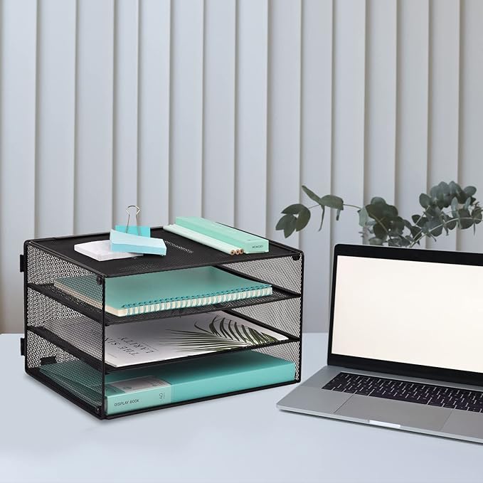3 Tier Mesh Desk Organizer Tray, File Paper Letter Folder Holder Desktop Paper Sorter Mail Organization Rack Storage Accessories, for Office Home School Classroom, Black