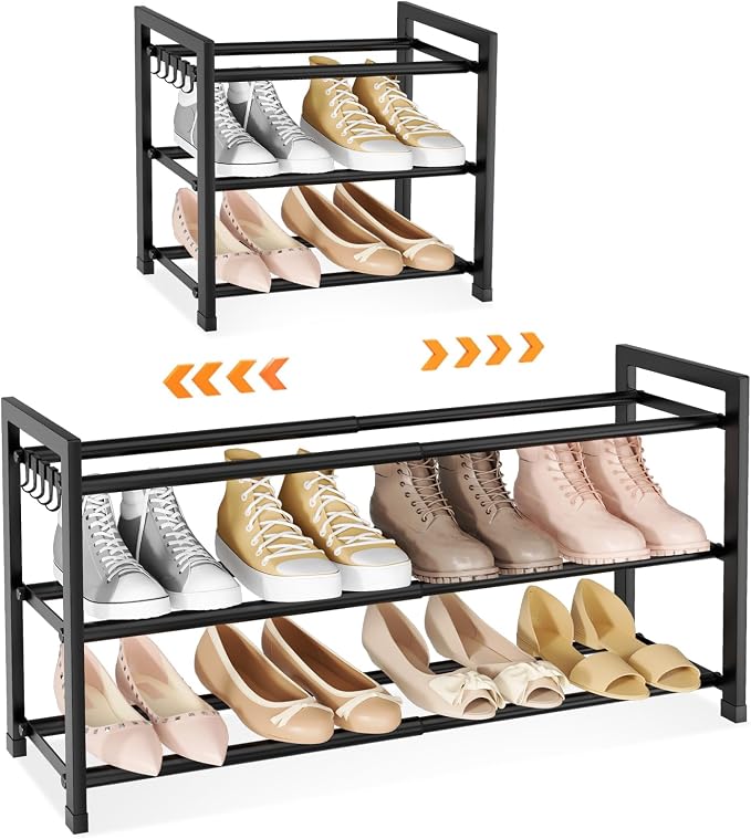 LANTEFUL 3-Tier Expandable Shoe Rack for Closet, Adjustable 18"-33" Metal Shoe Organizer for 12 Pairs, Shoe Shelf for Small Spaces, Entryway, Bedroom with 5 Hooks