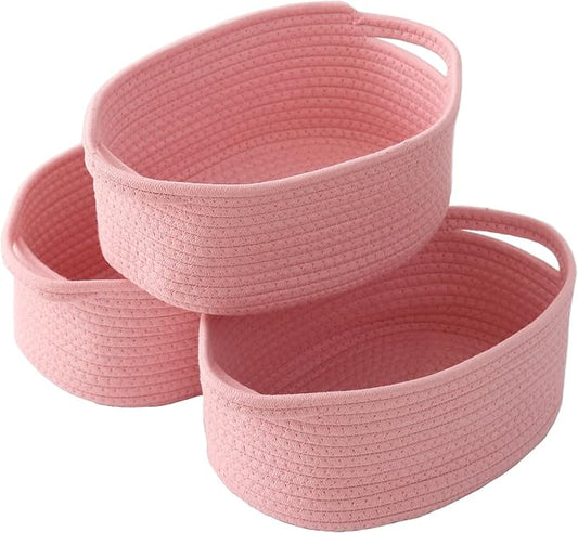 JMvicyroam Small Woven Basket, Empty Gift Basket, Pink/3 Pack | Small Gift Basket, Cotton Rope, 12 x 8 x 44 in, Handles, Includes Ribbon and Bag, Birthday Gift Basket