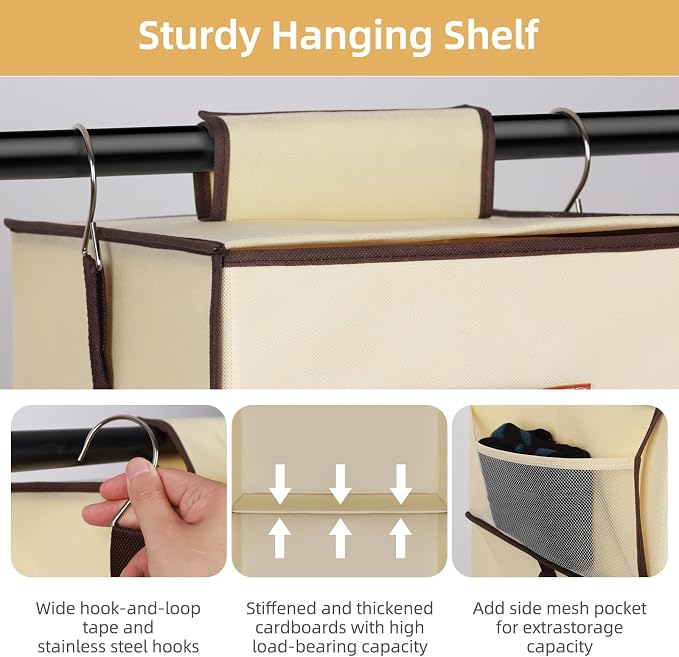 Hanging Closet Organizer 6-Shelf, Upgrade Closet Organizers and Storage with 5 Removable Drawers & 4 Side Pockets, Hanging Shelf Organizer for Closet or Garment Rack, 12.6'' x 12.6'' x 44.1'', Beige