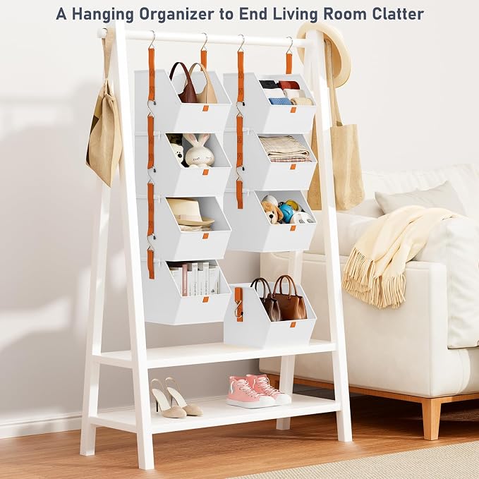 DIMJ Hanging Closet Organizer - 4 Tier Collapsible Hanging Shelves with Hooks Zipper, Fabric Clothes Organizer, Space-Saving Storage Bin Basket for RV, Bedroom, Laundry Organization