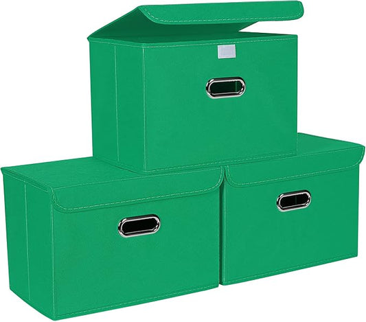 STOREONE Fabric Storage Cube Bins Foldable Organizer Container Collapsible Basket with Lids and Metal Handles, for Home, Bedroom, Closet 3 Pcs (Green)