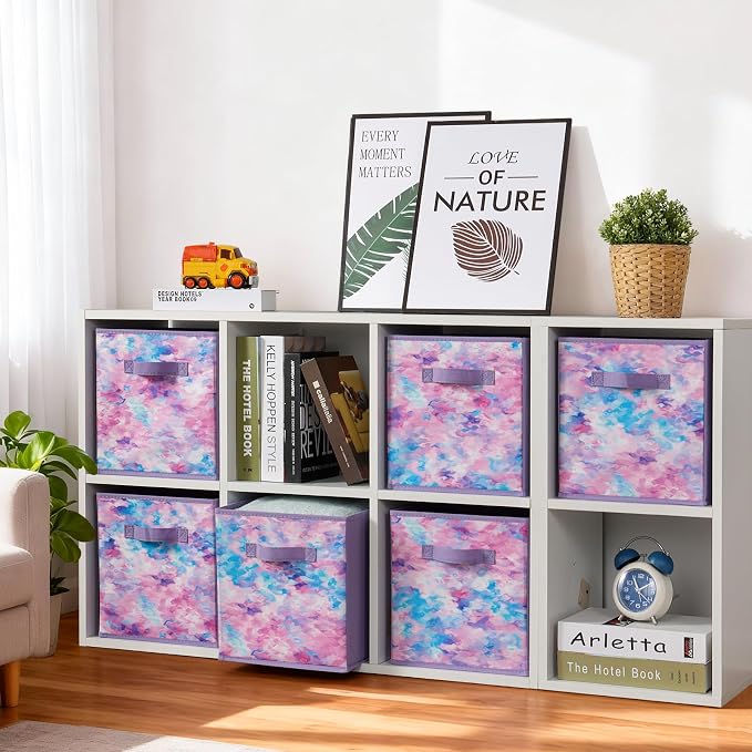 Stero Fabric Storage Cubes, 6 Pack Foldable Storage Bins with Handle, 11 Inch Box for Shelves, Closet, Organizer, Tie-dye Purple