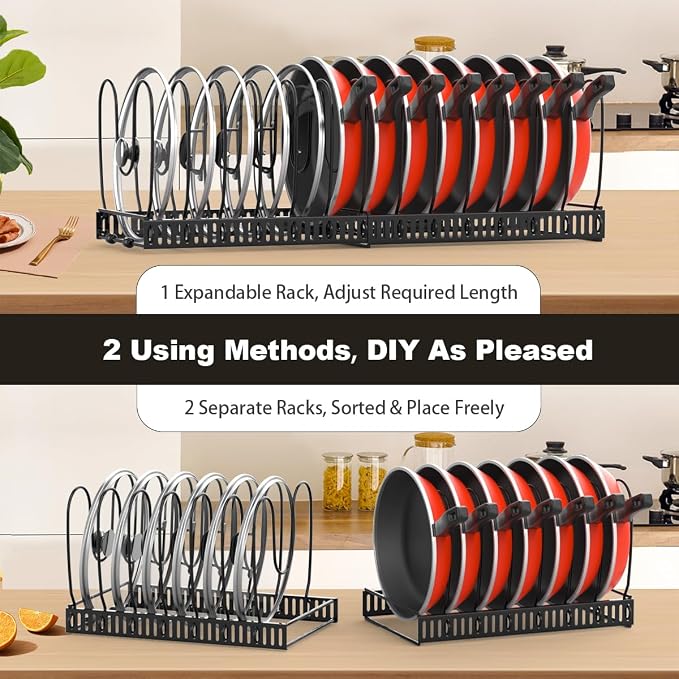 Housolution 2 Pack Pot and Pan Lid Organizer Holder Storage Rack, Black | 12"-23" Expandable, 14 Adjustable Dividers, Sturdy Metal Construction, Easy Assembly
