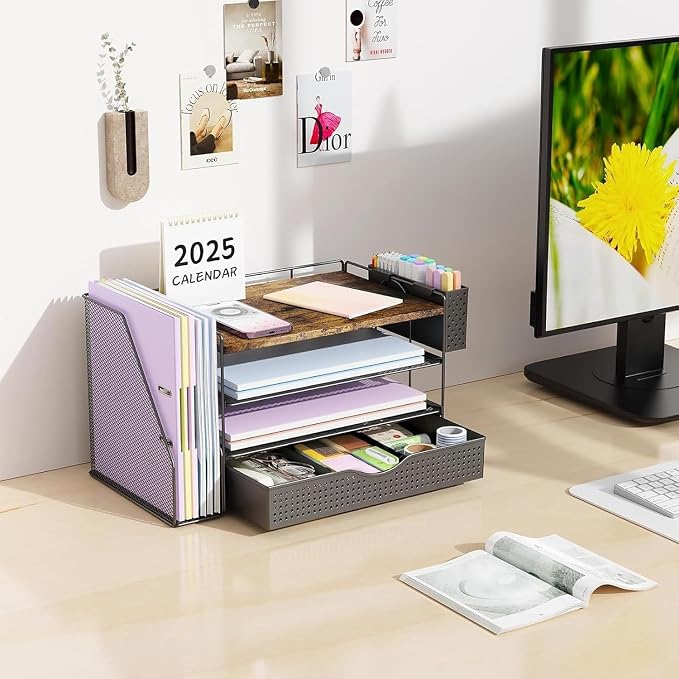 gianotter Wood Desk Organizers and Accessories with File Sorters, 4-Tier Desk Accessories & Workspace Organizers with Drawer and Pen Holder, Desk Reference Organizer (Wood, 4T with Drawer)