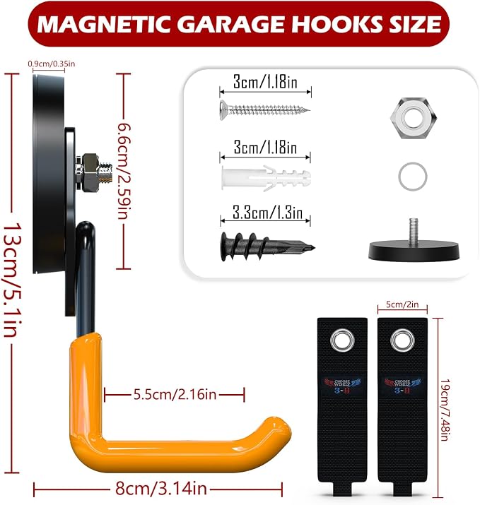 3-H Heavy Duty Magnetic Hooks, Large Magnet Hooks,4 Pack Orange | No-Drill Tool Holder for Garage,Power Drill,Garden Tools,Hose Storage