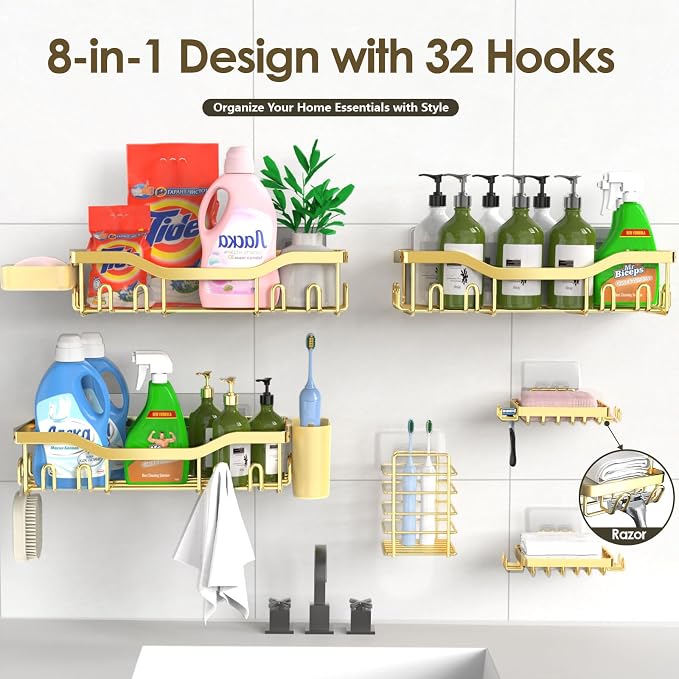 NESOMI Shower Caddy Adhesive Shower Organizer 8-Pack, Rustproof Stainless Steel Bathroom Shelves, Large Capacity No-Drill Rack Storage Accessories with Soap Dish Toothbrush Holder Hooks