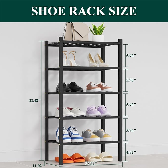 Smiry Bamboo Shoe Rack, 14 Vertical Slats, 5 Tier - 17.3" Wide, Black | Stackable Free Standing Wooden Shoe Organizer, Wood Shoe Storage Shelf for Closet, Entryway, Thicher Leg