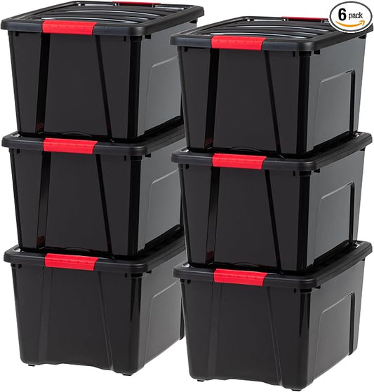 IRIS USA 6-Pack 40 Quart Storage Bins with Lids, Black | Black finish conceals stored items. Perfect for moving, blankets, clothing, and garage storage. Nestable design saves space