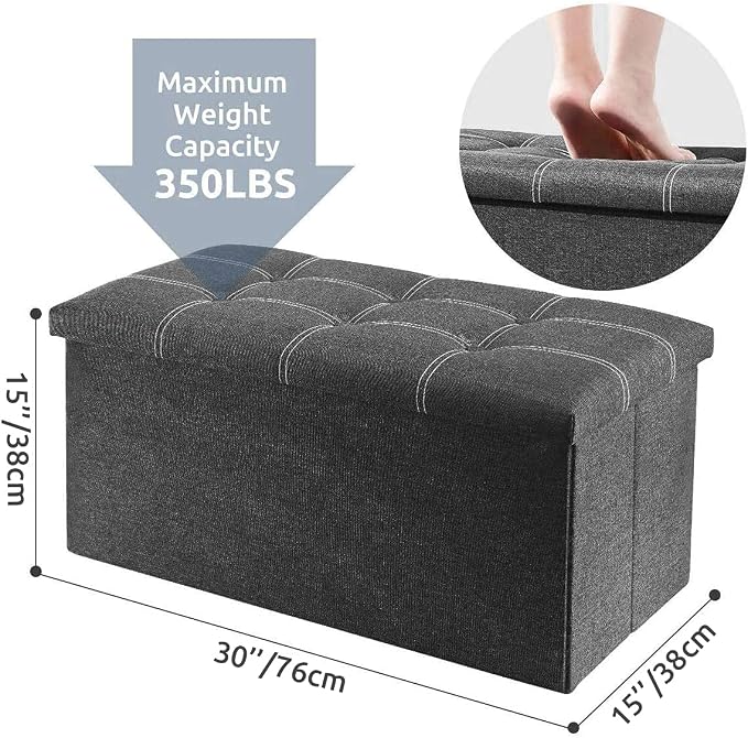 YOUDENOVA 30" Linen Ottoman with Storage, Folding Bench, Gray | Foldable linen ottoman with hidden storage, padded seat and sturdy frame for living room or bedroom.