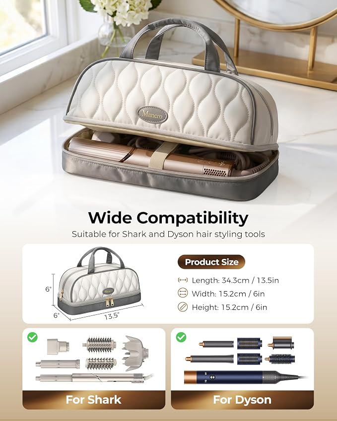 Mancro Carrying Case for Shark FlexStyle, Quilted Hair Tools Travel Bag | with Heat-Resistant Mat, Travel Case for Dyson Airwrap & Shark FlexFusion, Hair Dryer Organizer for Women, Ivory Gray