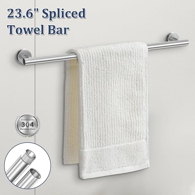 5 Pieces Bathroom Hardware Set Brushed Nickel Towel Bar Set Round Towel Holder Set Upgraded Paper Towel Holder with Shelf Stainless Steel Wall Mounted,23.6 Inch