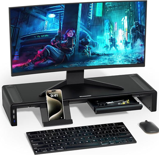 Adjustable Monitor Stand Riser with Drawer - Foldable Computer Stand for Desk, Desktop Organizer with Phone Holder & Pen Slot, Space Saving Laptop Riser for Home Office, Black