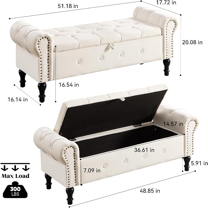 Storage Bench 51" Velvet End of Bed Benches Beige | Queen Size Storage Bench for Bedroom with Rolled Arms Tufted Ottoman Benches Upholstered Bench for Living Room Entryway
