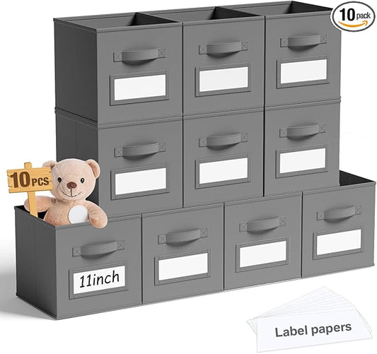 Teenyyou 10 Pack Fabric Storage Cubes 11 Inch Collapsible Cube Bins with Label Window & Handle Foldable Organizers Baskets for Shelf Closet Nursery Kids Room Clothes Book Toy(Gray)