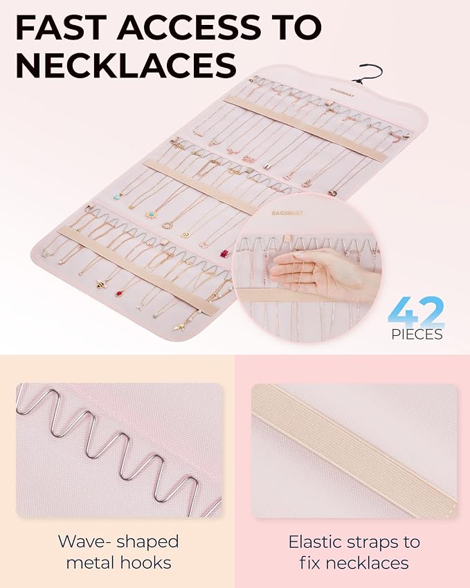 BAGSMART Hanging Jewelry Organizer Storage with Hanger Metal Hooks Double-Sided Jewelry Holder for Earrings, Necklaces, Rings on Closet, Wall, Door, 1 piece Large Pink