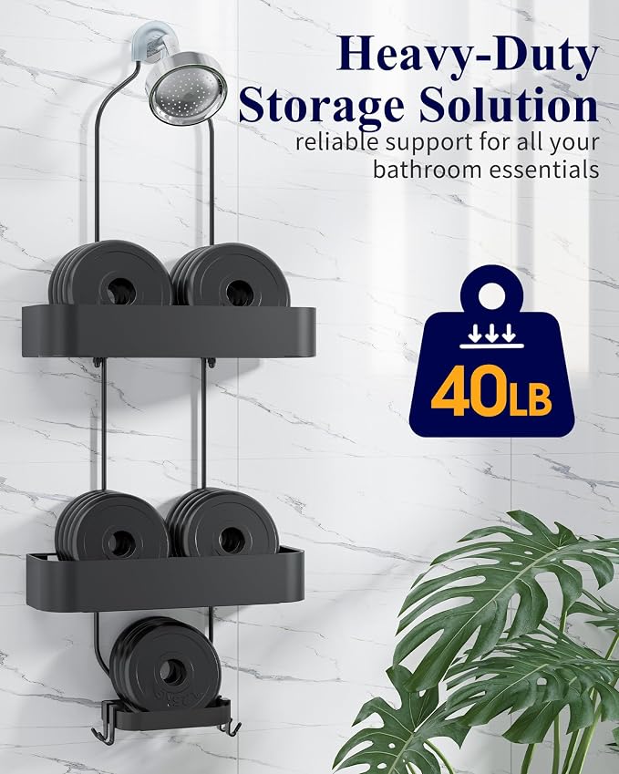 Kitsure Shower Caddy Hanging, No-Drill Bathroom Shelves, Black, 28.5" H | Bathroom Organizers and Storage, Wobble-Free Shower Organizer with Adhesive Tapes, Rust-Proof Shower Storage for Toiletries