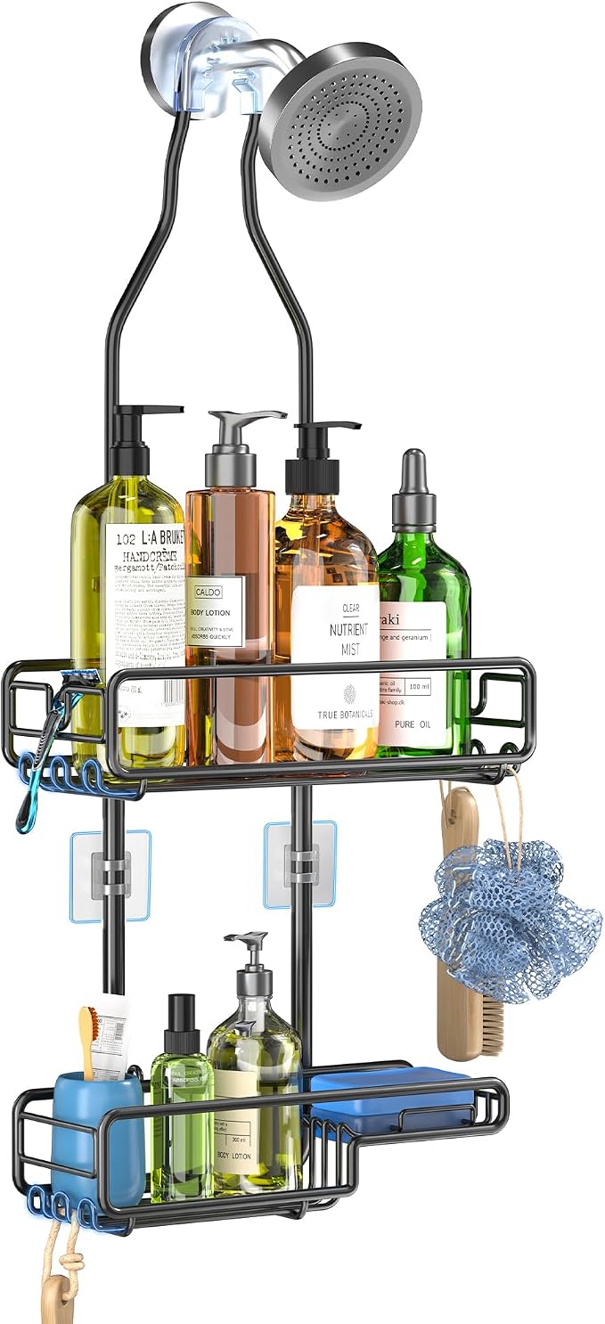 Skyapex Hanging Shower Caddy Bathroom Organizer - Over The Shower Head Adjustable Rack for Tall Showerheads, Extra Large Storage Shelf with Soap Holder for Big Shampoo Bottles