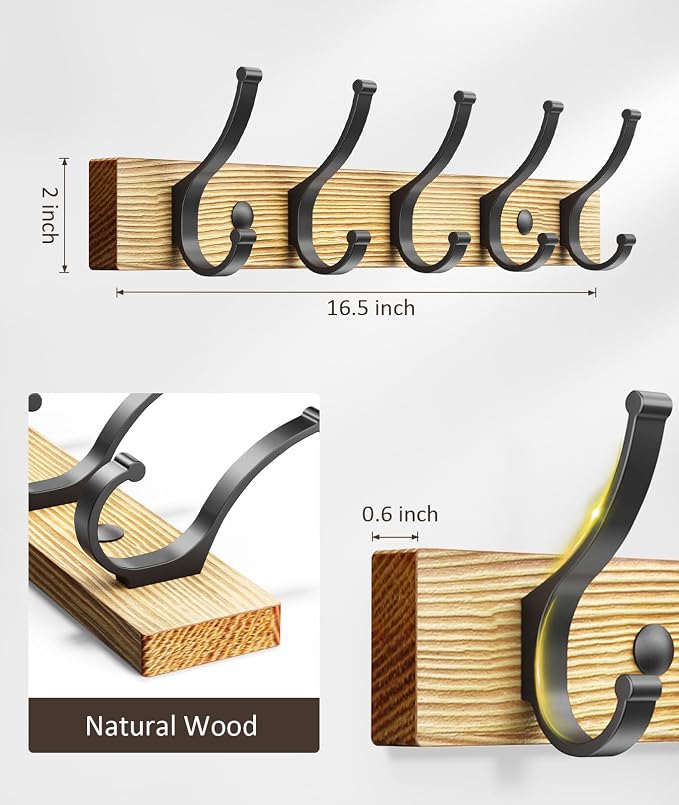 Optish Coat Rack Wall Mount, 16.5 Inches Wood Coat Hooks Wall Mount, Wall Coat Rack with 5 Hooks, Hat Rack Wall Hooks for Hanging Coat, Bag, Towel (2Pack, Natural)
